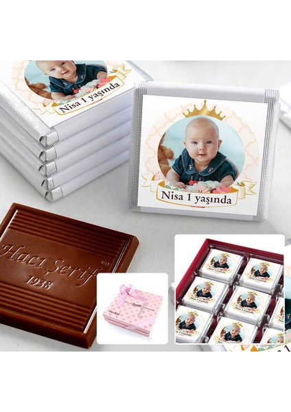 1 Yaş Fotoğraflı Kız Bebek Çikolatası 32 Adet Madlen Çikolata Sunum Kutulu