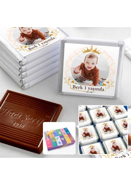 1 Yaş Fotoğraflı Erkek Bebek 72 Adet Madlen Çikolata Sunum Kutulu