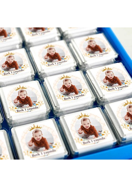 1 Yaş Fotoğraflı Erkek Bebek 72 Adet Madlen Çikolata Sunum Kutulu modelleri