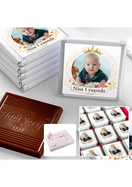 1 Yaş Fotoğraflı Kız Bebek Çikolatası 48 Adet Madlen Çikolata Sunum Kutulu