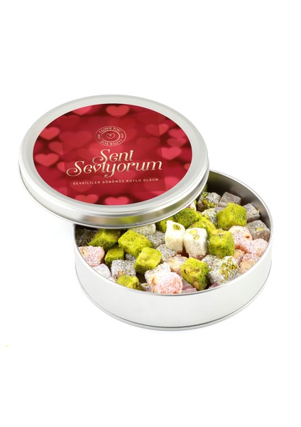 Sevgililer Günü Hediyesi Çifte Kavrulmuş Lokum (Metal Yuvarlak Kutu) 300g - Kırmızı