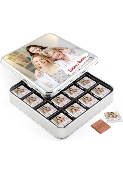 Anneye Fotoğraflı Hediye 32 Adet Madlen Çikolata Metal Kutu