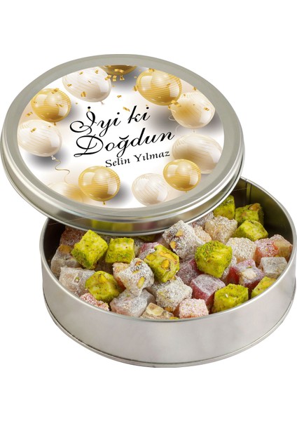Doğum Günü Hediyesi Çifte Kavrulmuş Lokum (Metal Yuvarlak Kutu) 300g - Gold Balonlu