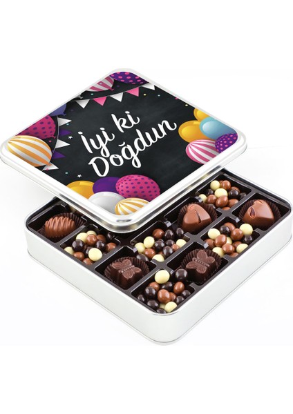 Doğum Günü Hediyesi Kahve Drajeli Special Çikolata (Metal Kutu) - Renkli Balonlu