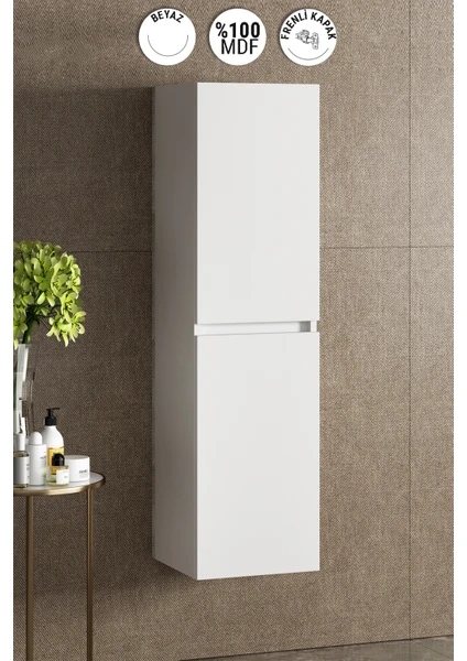 Banyo Boy Dolabı 130 cm 4 Bölmeli Çift Kapaklı Komple Parlak Beyaz Mdf