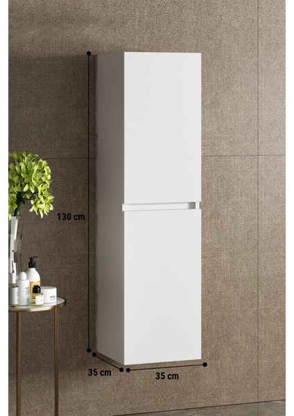 Banyo Boy Dolabı 130 cm 4 Bölmeli Çift Kapaklı Komple Parlak Beyaz Mdf