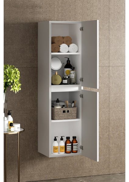 Banyo Boy Dolabı 130 cm 4 Bölmeli Çift Kapaklı Komple Parlak Beyaz Mdf