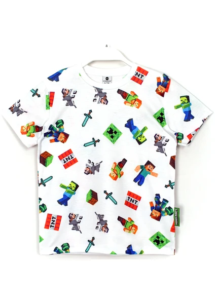 360 Derece Minecraft Karakterleri Desenli Erkek Çocuk T-Shirt Beyaz