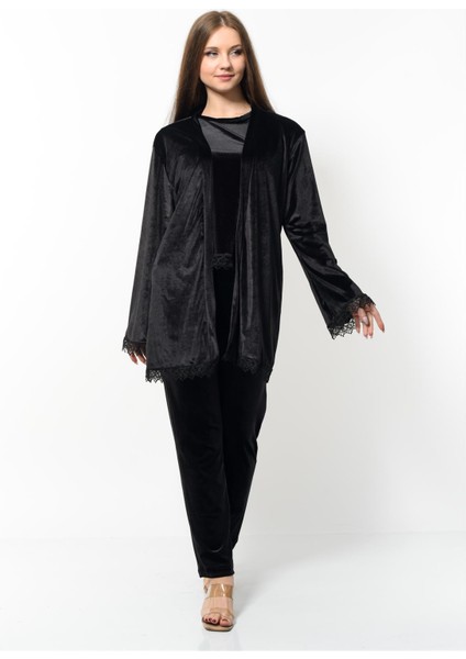 Kadın Kadife 3'lü Gecelik Takım Siyah