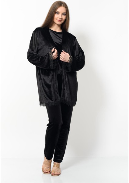 Kadın Kadife 3'lü Gecelik Takım Siyah modelleri