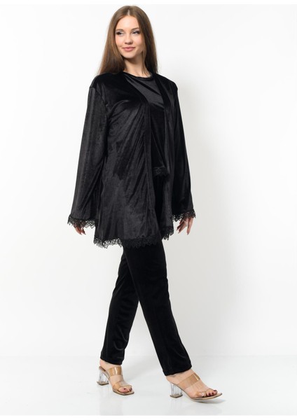 Kadın Kadife 3'lü Gecelik Takım Siyah fırsatları