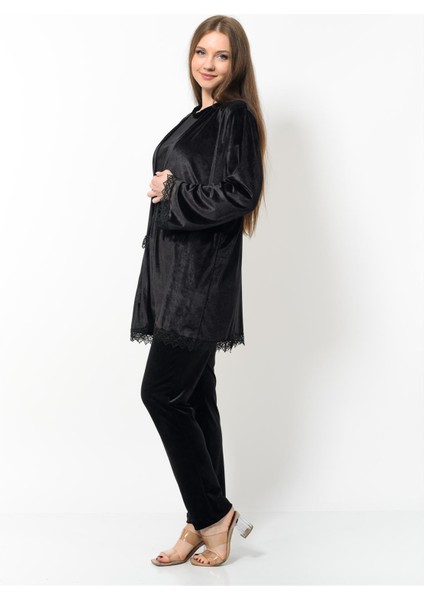 Kadın Kadife 3'lü Gecelik Takım Siyah indirimleri