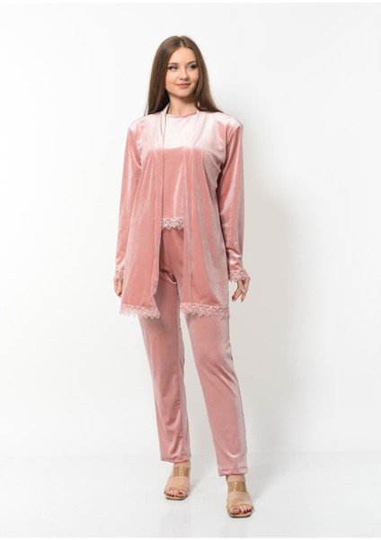 Kadın Kadife 3'lü Gecelik Takım Pudra fiyatları