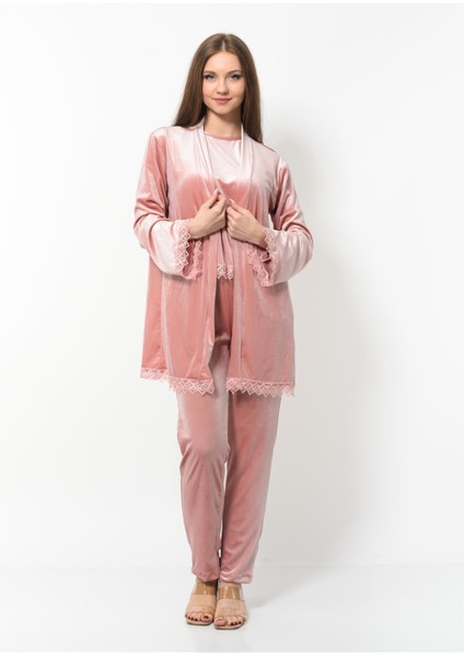 Kadın Kadife 3'lü Gecelik Takım Pudra modelleri
