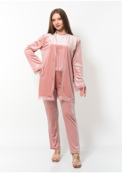 Kadın Kadife 3'lü Gecelik Takım Pudra fırsatları