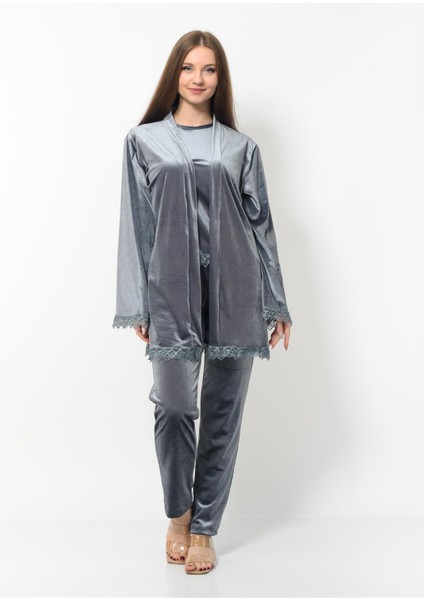 Kadın Kadife 3'lü Gecelik Takım Antrasit fiyatları