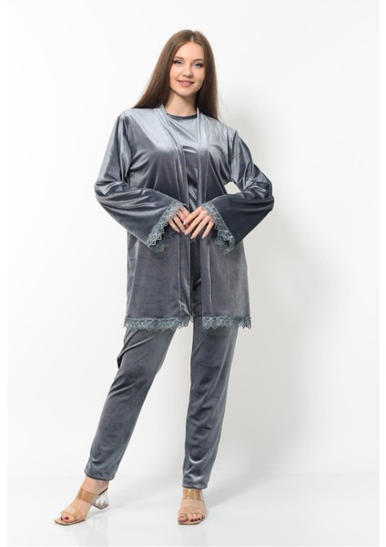 Kadın Kadife 3'lü Gecelik Takım Antrasit modelleri