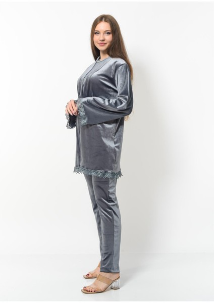 Kadın Kadife 3'lü Gecelik Takım Antrasit fırsatları