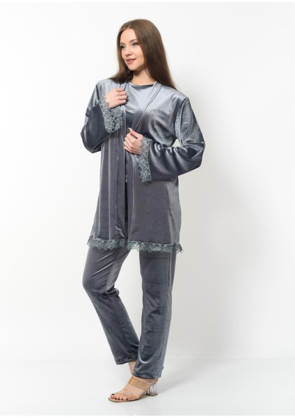 Kadın Kadife 3'lü Gecelik Takım Antrasit indirimleri