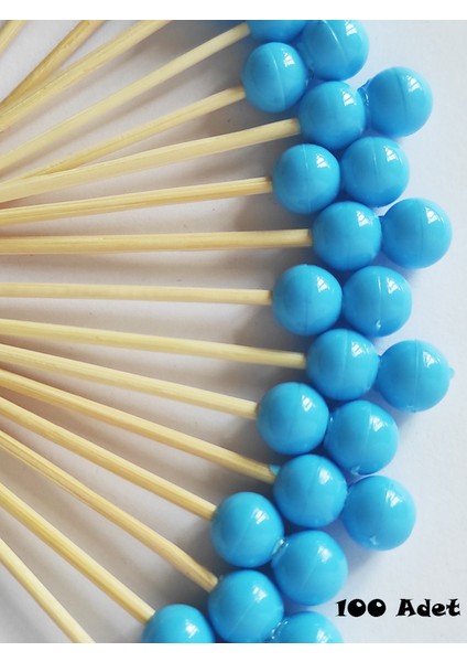 Beyhan Bayhan 100 Adet Çift Boncuklu Mavi Baby Shower Kürdanı 6 cm - Boncuk 8 mm - Mavi Pasta Kürdanı