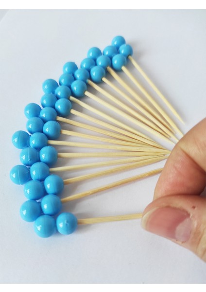 Beyhan Bayhan 100 Adet Çift Boncuklu Mavi Baby Shower Kürdanı 6 cm - Boncuk 8 mm - Mavi Pasta Kürdanı fiyatları