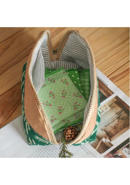 Wolo- Mini Çanta (Kalemlik /cüzdan/makyaj Çantası) Oval- Yesil - Yaprak Desenli %100 Pamuk modelleri