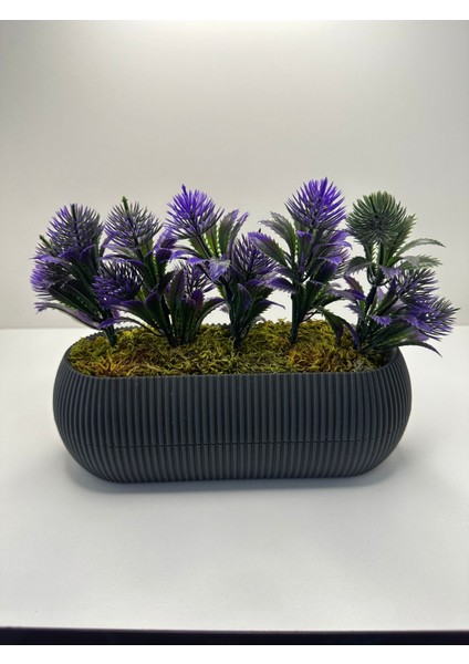 Uzun Gri Saksıda Yapay Çiçek Iğneli Çam Demeti Dekoratif Mutfak Banyo Masa Çiçeği 21X9X7 cm
