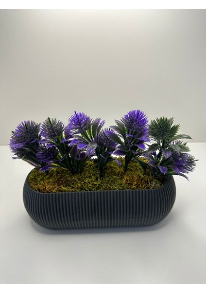 Uzun Gri Saksıda Yapay Çiçek Iğneli Çam Demeti Dekoratif Mutfak Banyo Masa Çiçeği 21X9X7 cm