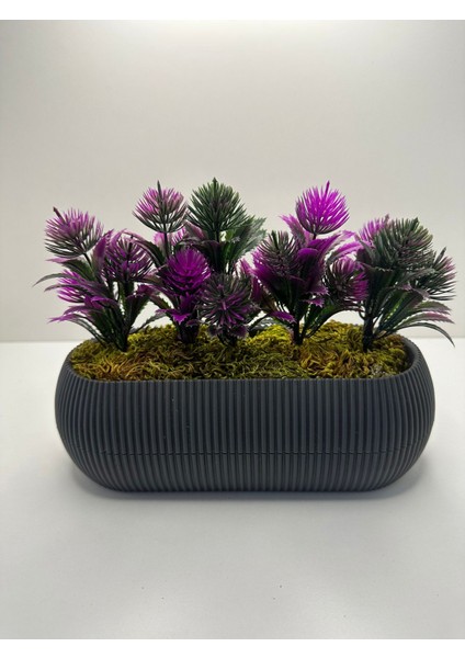 Uzun Gri Saksıda Yapay Çiçek Iğneli Çam Demeti Dekoratif Mutfak Banyo Masa Çiçeği 21X9X7 cm