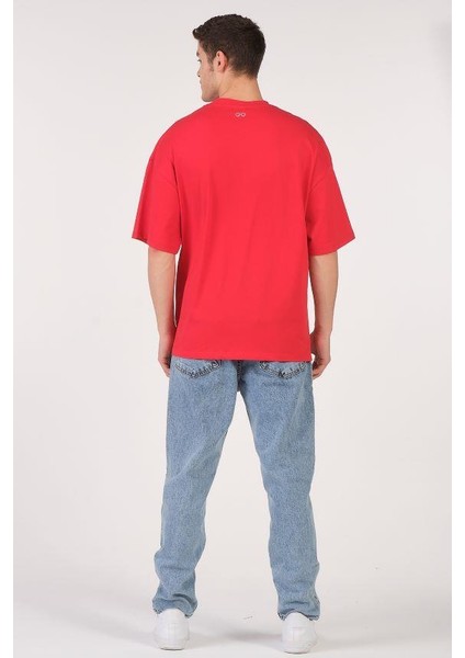 Oversize T-Shirt Renkli Yarım Yüz Panda Kırmızı fırsatları