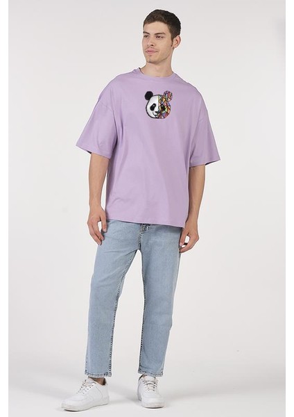 Oversize T-Shirt Renkli Yarım Yüz Panda Lila fiyatları
