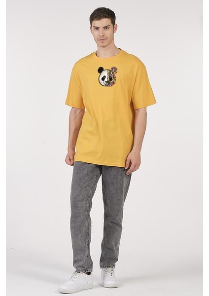 Oversize T-Shirt Renkli Yarım Yüz Panda Hardal