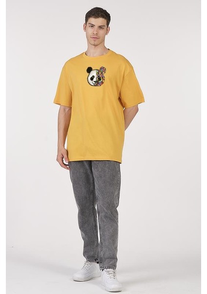 Oversize T-Shirt Renkli Yarım Yüz Panda Hardal fiyatları