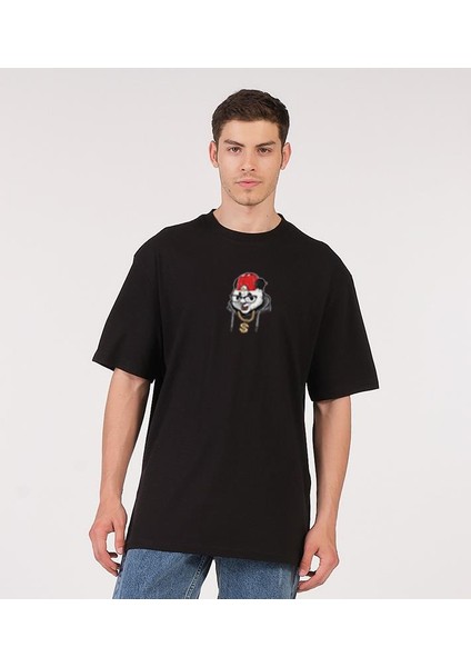 Oversize T-Shirt Dolar Kolyeli Panda Siyah