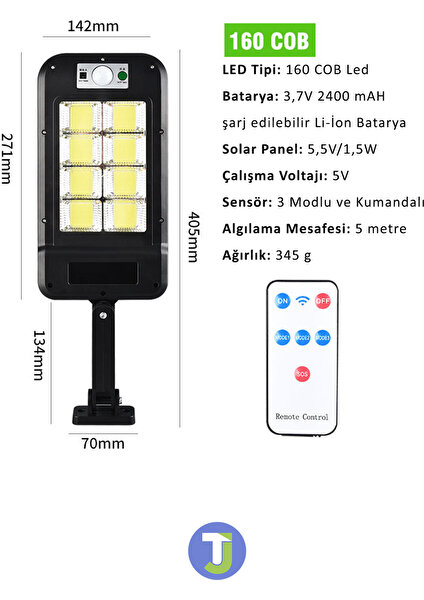 8 Gözlü 160 Ledli Solar Bahçe Aydınlatma Kumandalı Güneş Enerjili Sokak Lambası Projektör