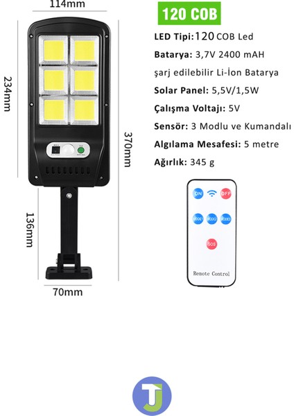 6 Gözlü 120 Ledli Solar Bahçe Aydınlatma Kumandalı Güneş Enerjili Sokak Lambası Projektör