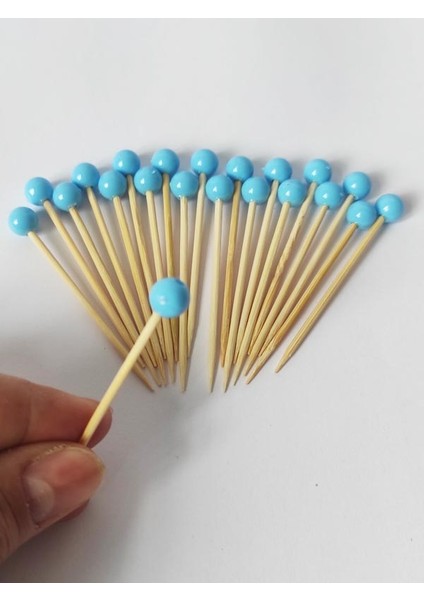 100 Adet Boncuklu Baby Shower Kürdanı 6 cm - Boncuk 8 mm - Mavi Pasta Kürdanı modelleri