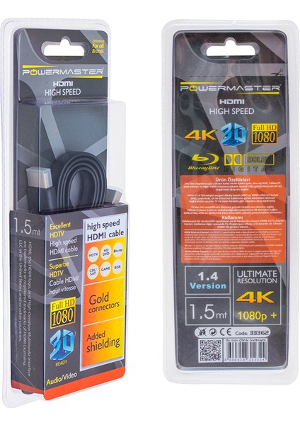 Yassı 1.5 Metre HDMI Kablo Kutulu Renkli (1.4V-3D) Powermaster