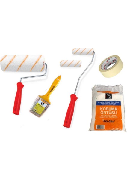 Saten Rulo 20 cm +Mini Rulo 11 Cm+Yedek Uç+Kestirme Fırça 70 mm +20M2 Koruma Örtüsü+Band (Iç Çephe)