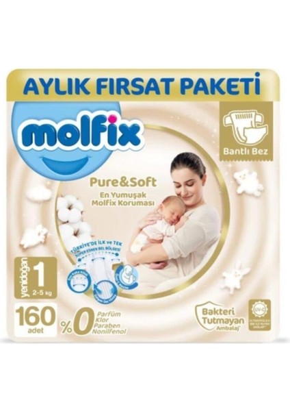Pure Bebek Bezi 1 Beden 2-5 kg 160 Adet 2 Adet Islak Mendil