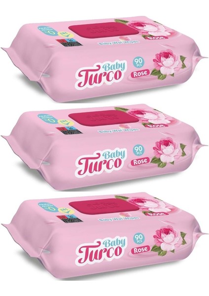 Baby Turco Islak Havlu  Mendil 90 Yaprak Gül/rose 3 Lü Set 270 Yaprak Plastik Kapaklı