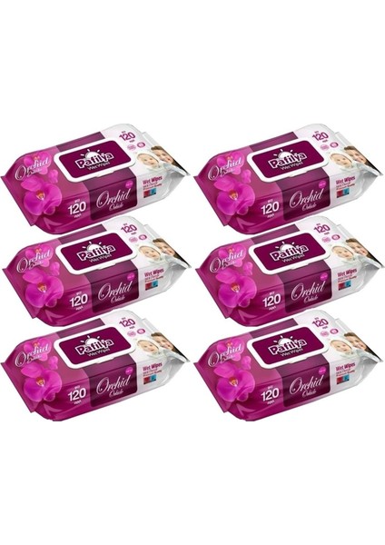 Islak Havlu Mendil 120 Yaprak Orkide Plastik Kapaklı 6 Lı Set 720 Yaprak
