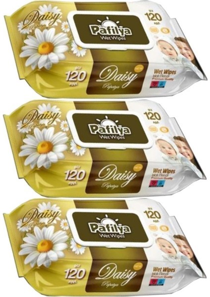 Islak Havlu Mendil 120 Yaprak Papatya Plastik Kapaklı 3 Lü Set 360 Yaprak