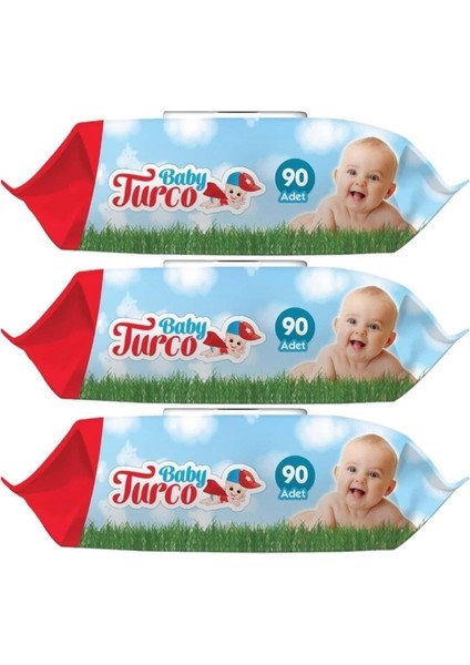 Baby Turco Islak Havlu  Mendil Klasik 90 Yaprak 3 Lü Set Plastik Kapaklı