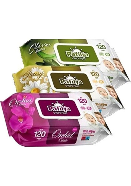 Islak Havlu Mendil 120 Yaprak Karma 3 Lü Set (Zeytin-Papatya-Orkide) 360 Yaprak