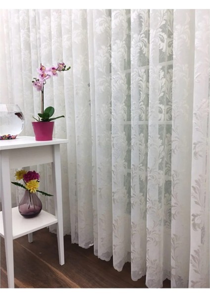 Taç Şal Desen Kullanıma Hazır 1/3 Sık Pile Tül Perde Tek Kanat - Ekru 100 x 250 cm