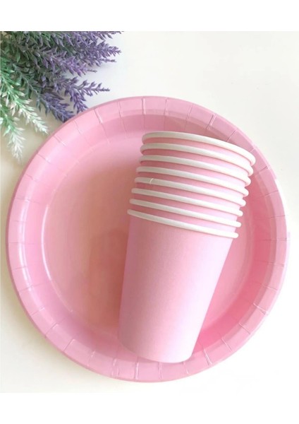Pembe Makaron Pastel Karton Tabak Bardak Set 8 Li Parti Malzemeleri