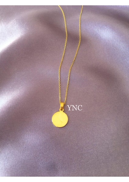 Ync Mucevher 925 Ayar Gümüş Mini Yuvarlak Plaka Kolye (Gold)