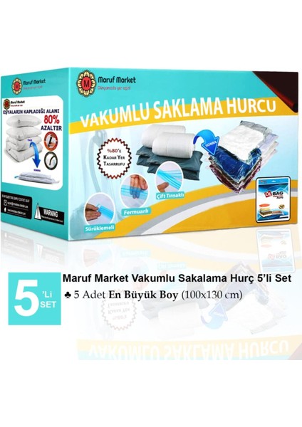 Marufmarket Vakumlu Saklama Poşet Seti 5’li 100X130CM (En Büyük Boy) Yorgan ve Döşek 5'li