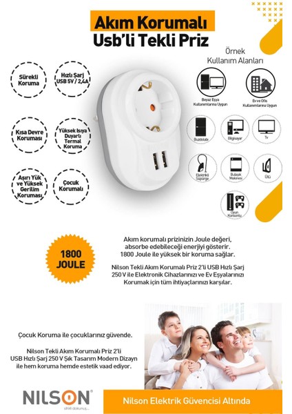 Tekli Akım Korumalı Priz 2'li USB Hızlı Şarj